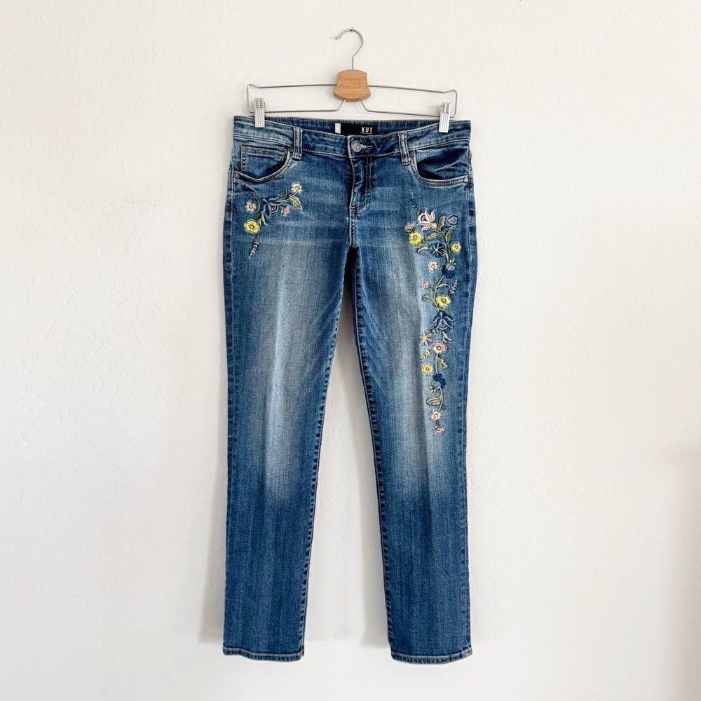 KUT from The Kloth Catherine Boyfriend Jean Floral Embroidered Detail Size 6 - Picture 2 of 11